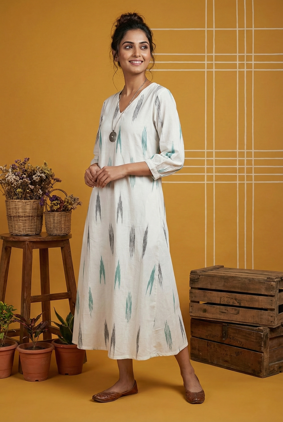 Neerus White cotton ikat printed A-line kurta - back view