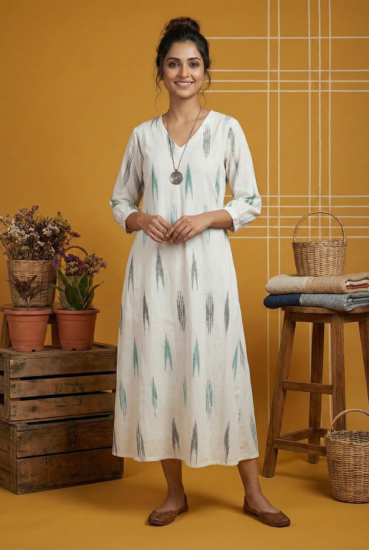 Neerus White cotton ikat printed A-line kurta - front view