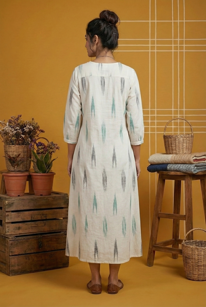 Neerus White cotton ikat printed A-line kurta - side view