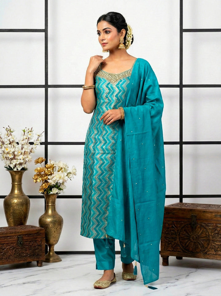 Neerus Green silk mirror work suit set - front view