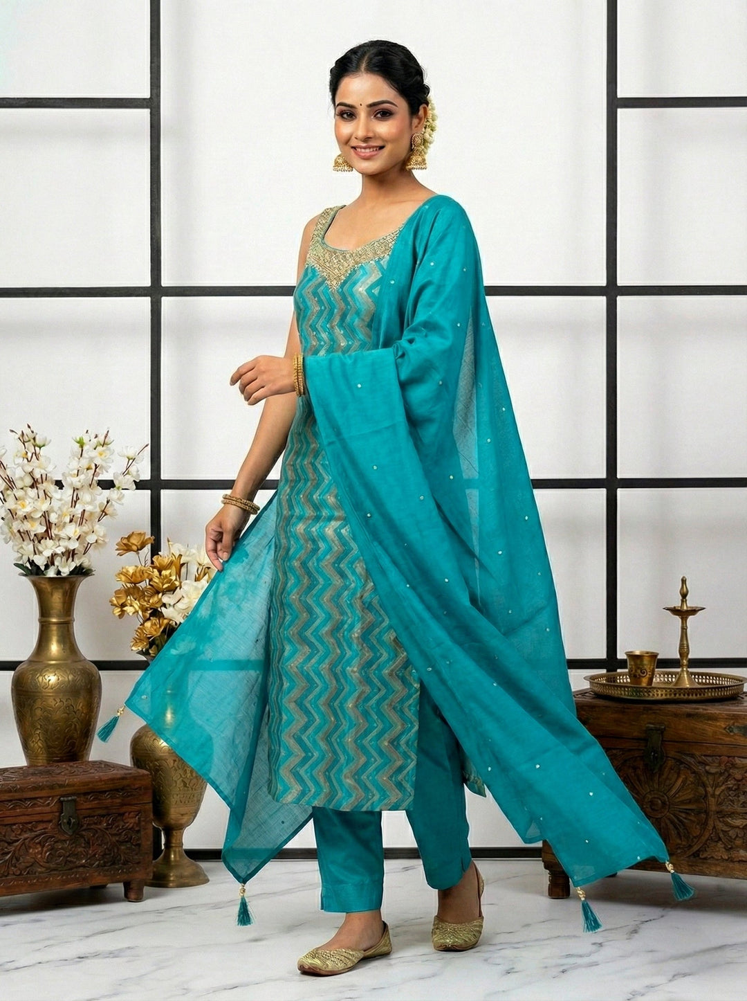 Neerus Green silk mirror work suit set - back view
