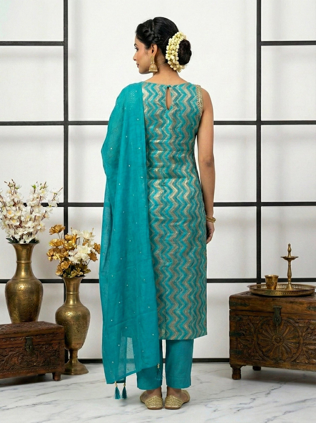 Neerus Green silk mirror work suit set - side view