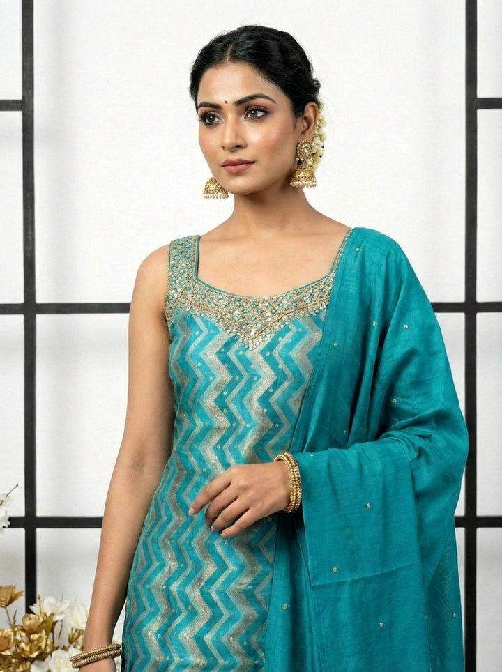 Neerus Green silk mirror work suit set - detail view 3