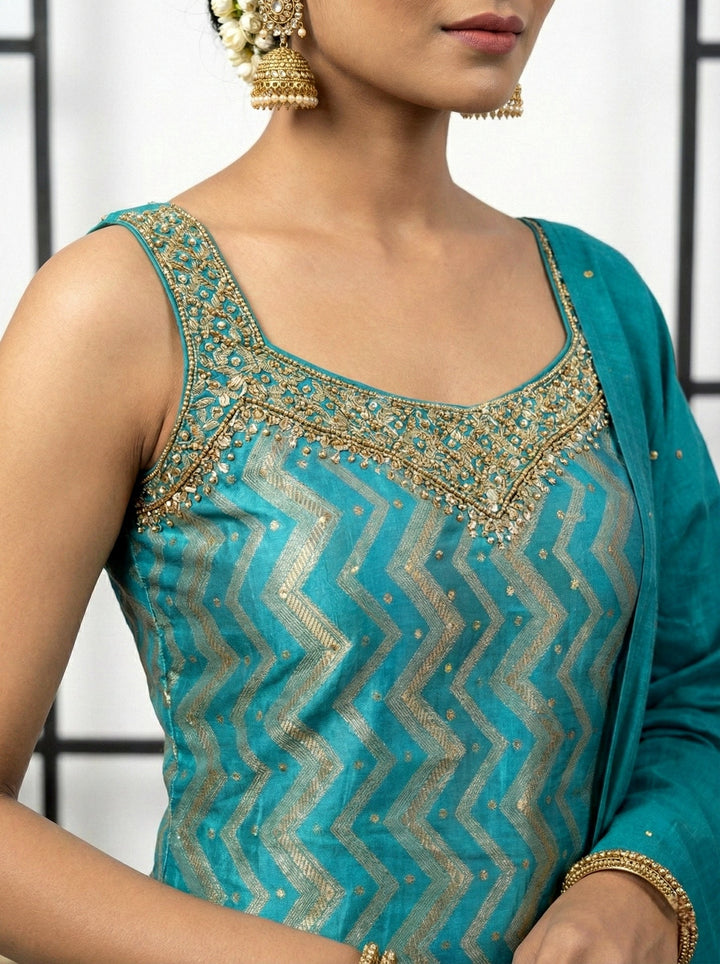Neerus Green silk mirror work suit set - detail view 1