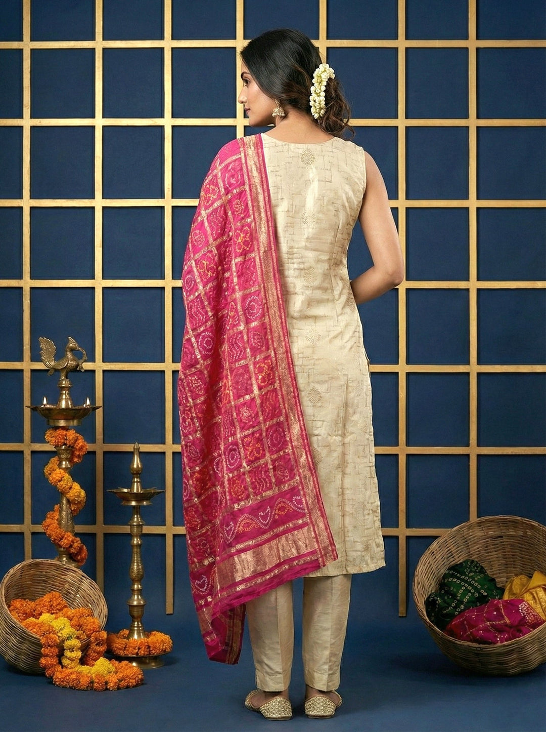 Neerus Beige silk mirror work suit set - side view