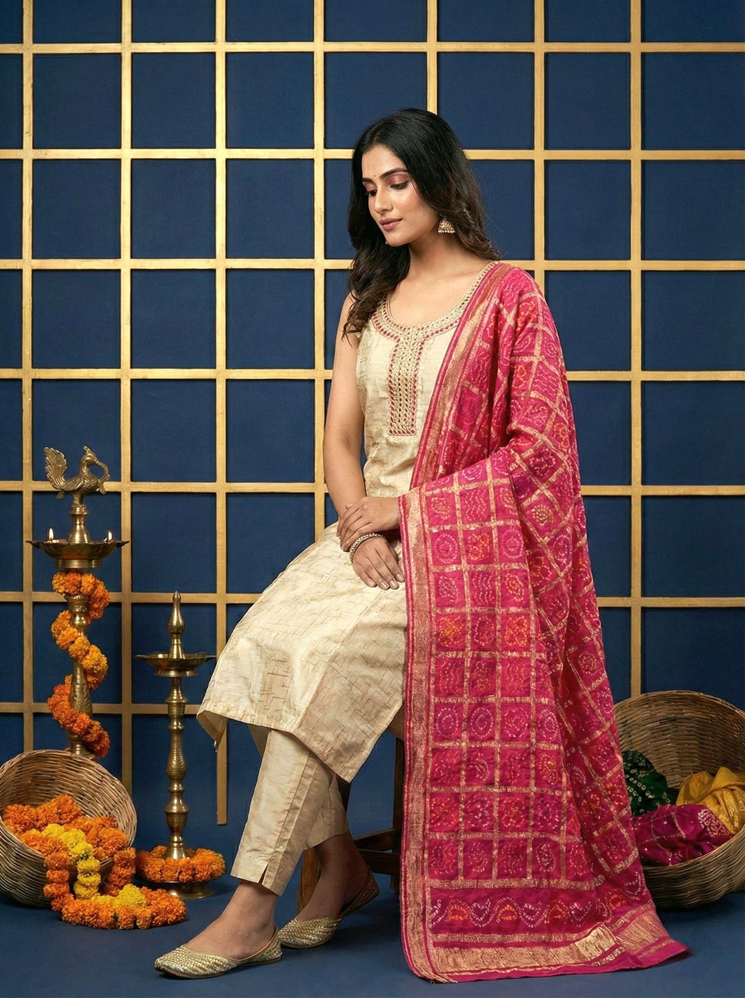 Neerus Beige silk mirror work suit set - back view