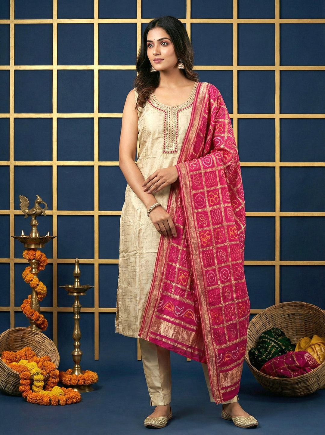 Neerus Beige silk mirror work suit set - front view