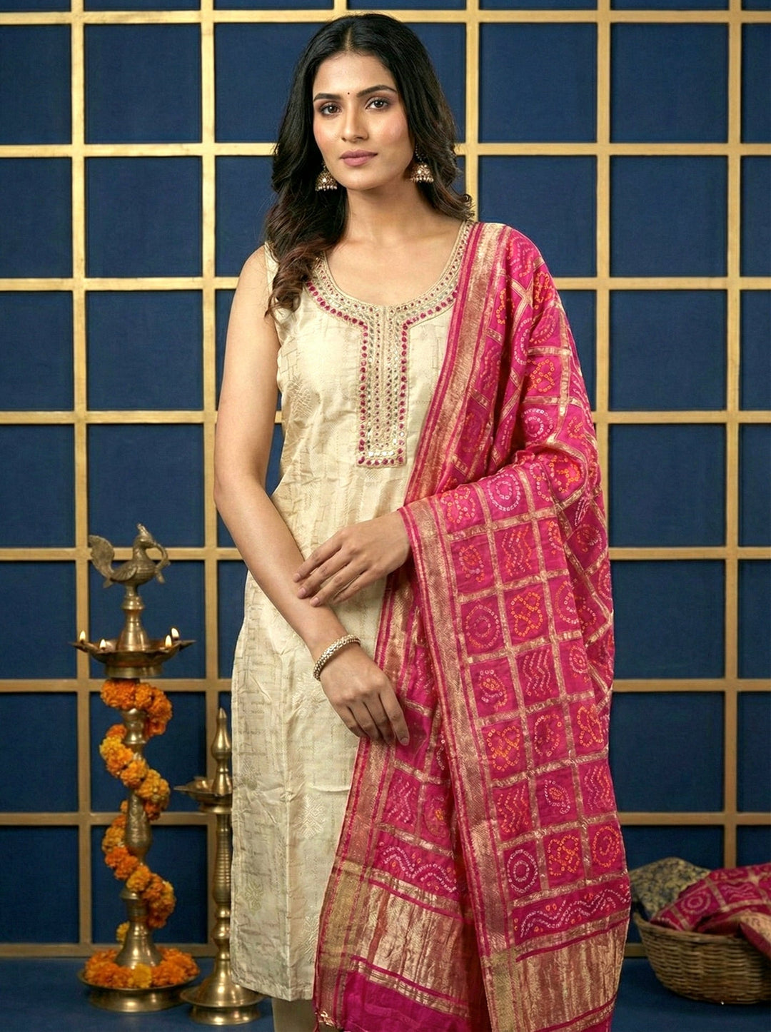 Neerus Beige silk mirror work suit set - detail view 2