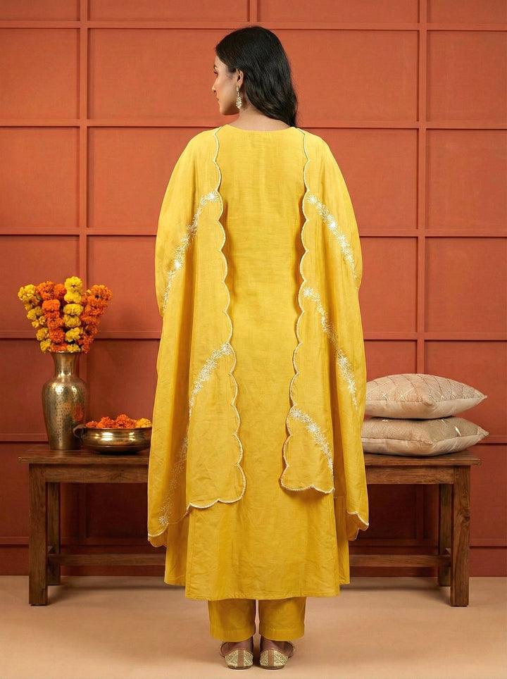 Neerus Yellow silk thread embroidered suit set - side view