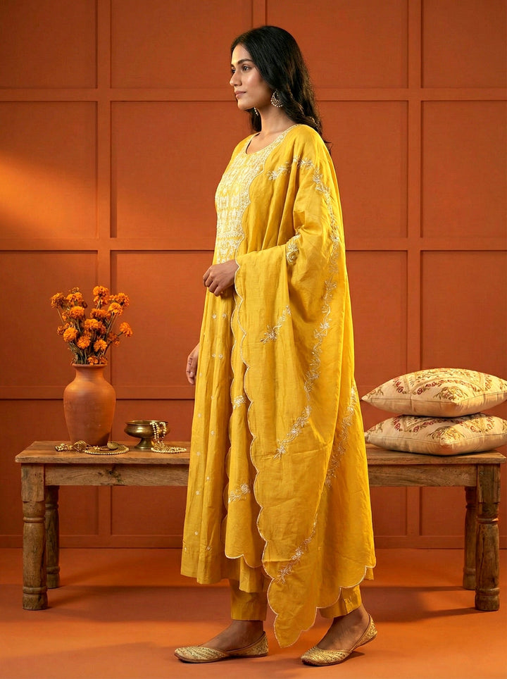 Neerus Yellow silk thread embroidered suit set - back view