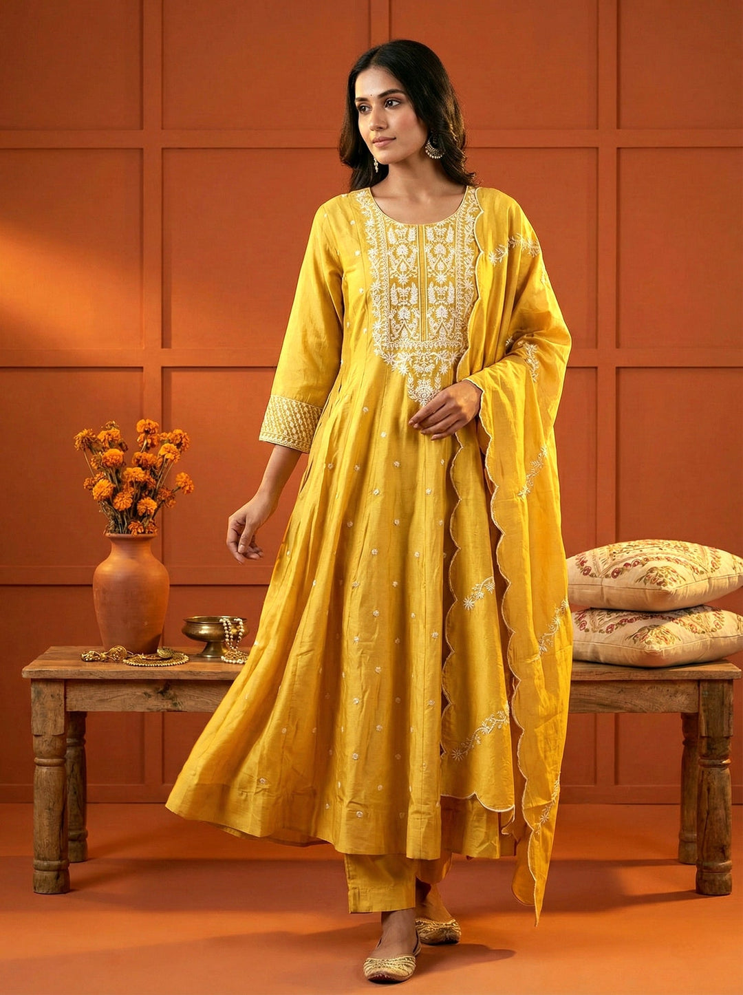 Neerus Yellow silk thread embroidered suit set - front view