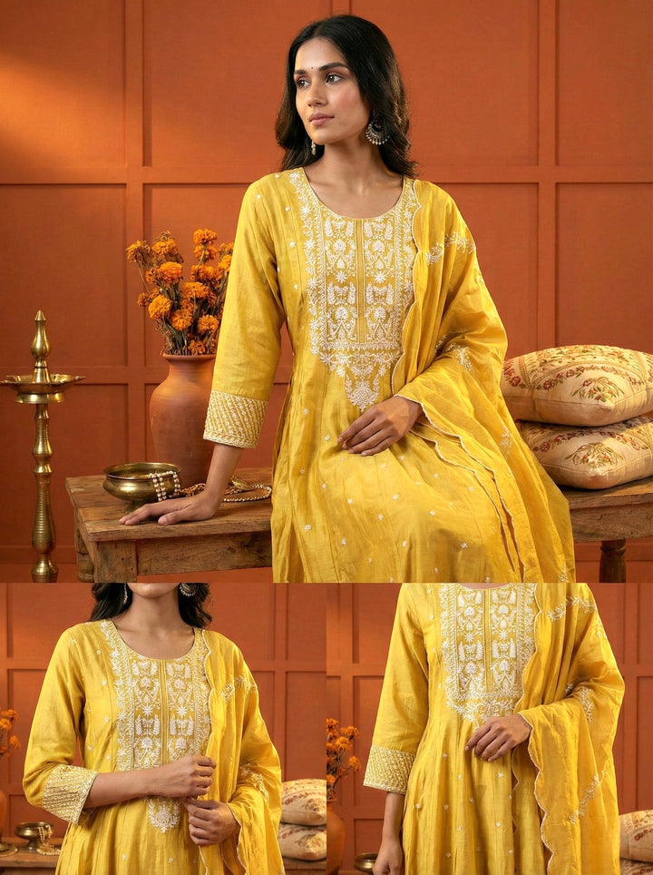 Neerus Yellow silk thread embroidered suit set - detail view 2