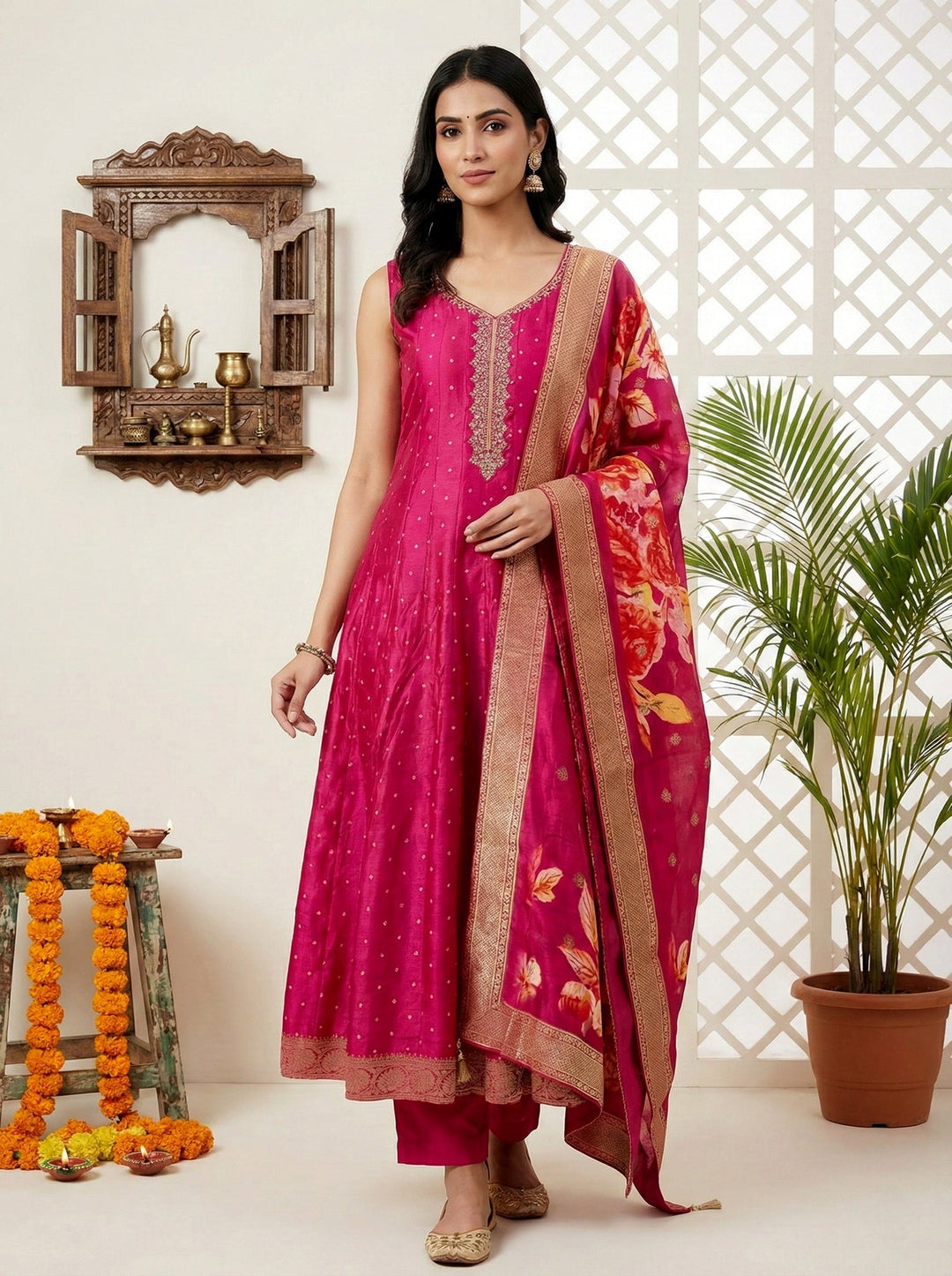 Neerus Pink silk embroidered suit set with digital printed dupatta - front view