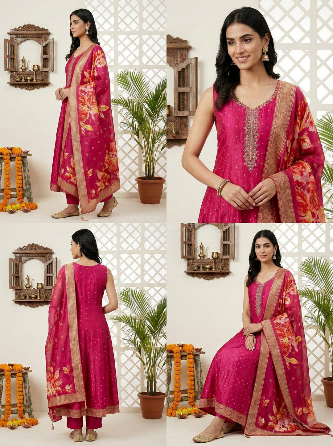 Neerus Pink silk embroidered suit set with digital printed dupatta - detail view 1