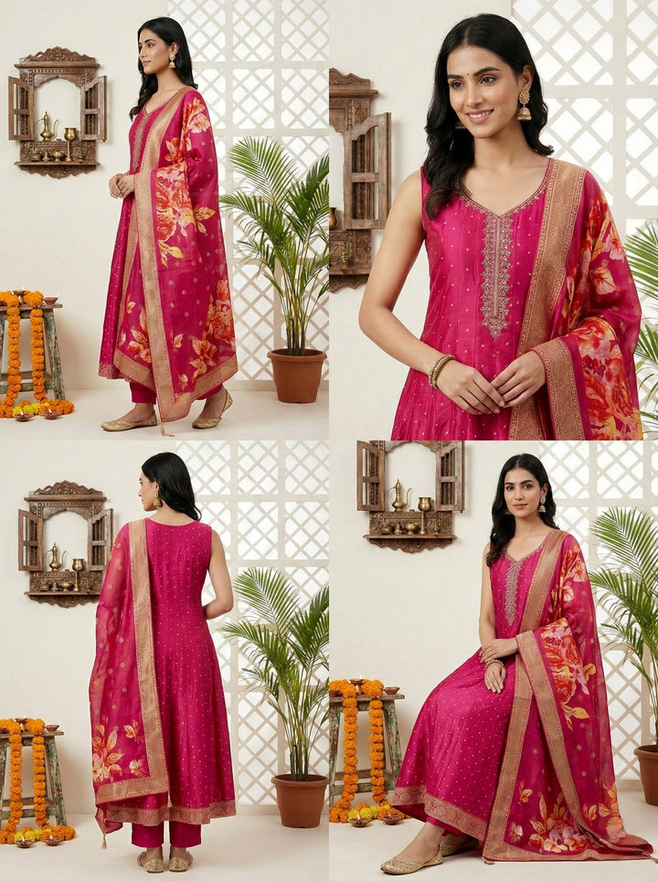 Neerus Pink silk embroidered suit set with digital printed dupatta - detail view 1