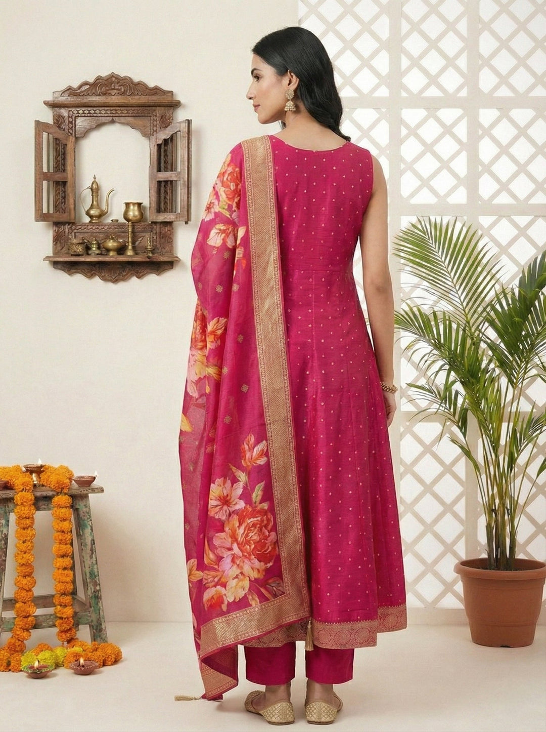 Neerus Pink silk embroidered suit set with digital printed dupatta - side view