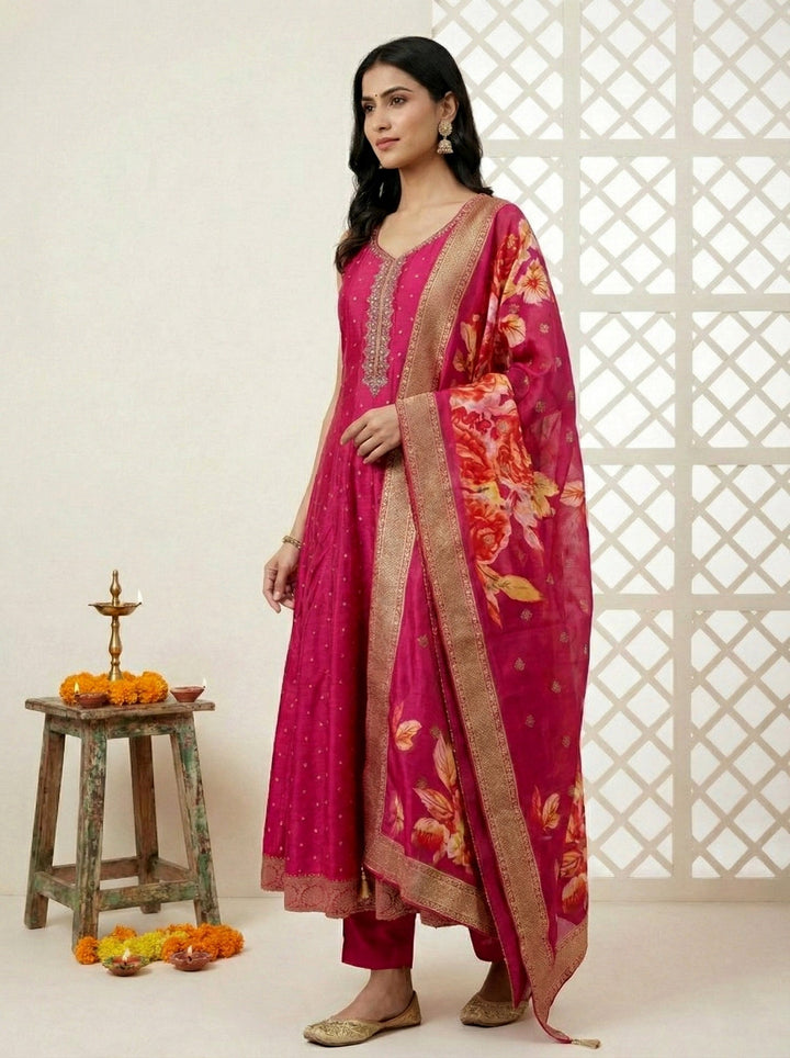 Neerus Pink silk embroidered suit set with digital printed dupatta - back view