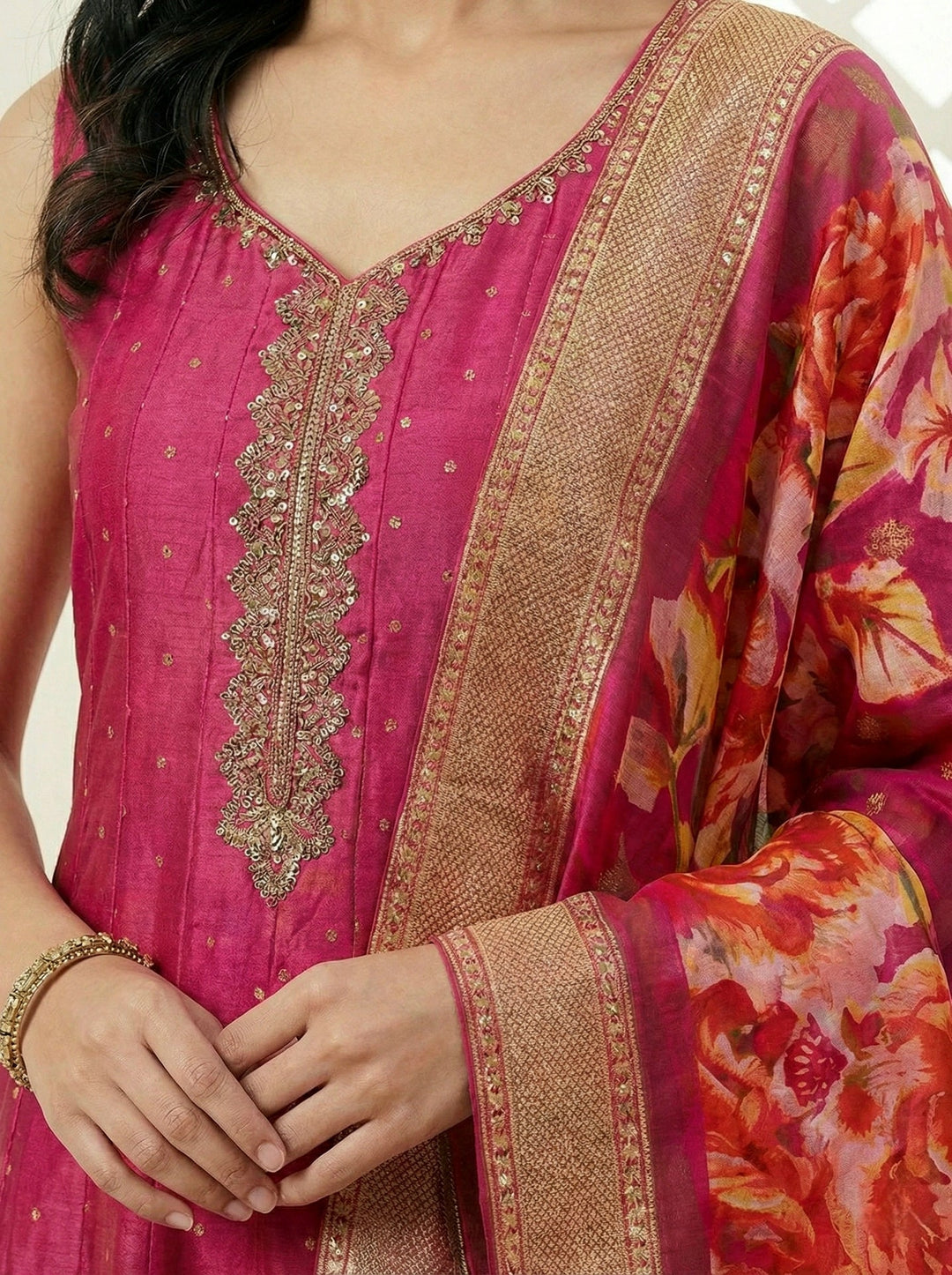 Neerus Pink silk embroidered suit set with digital printed dupatta - detail view 2