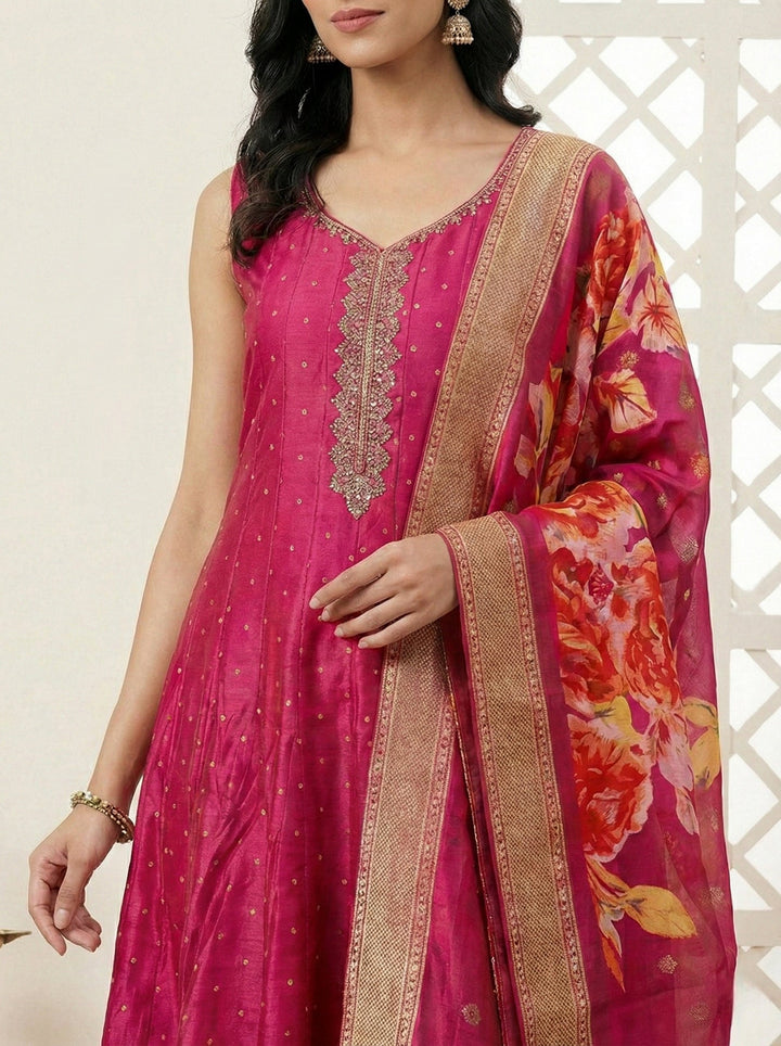 Neerus Pink silk embroidered suit set with digital printed dupatta - detail view 3