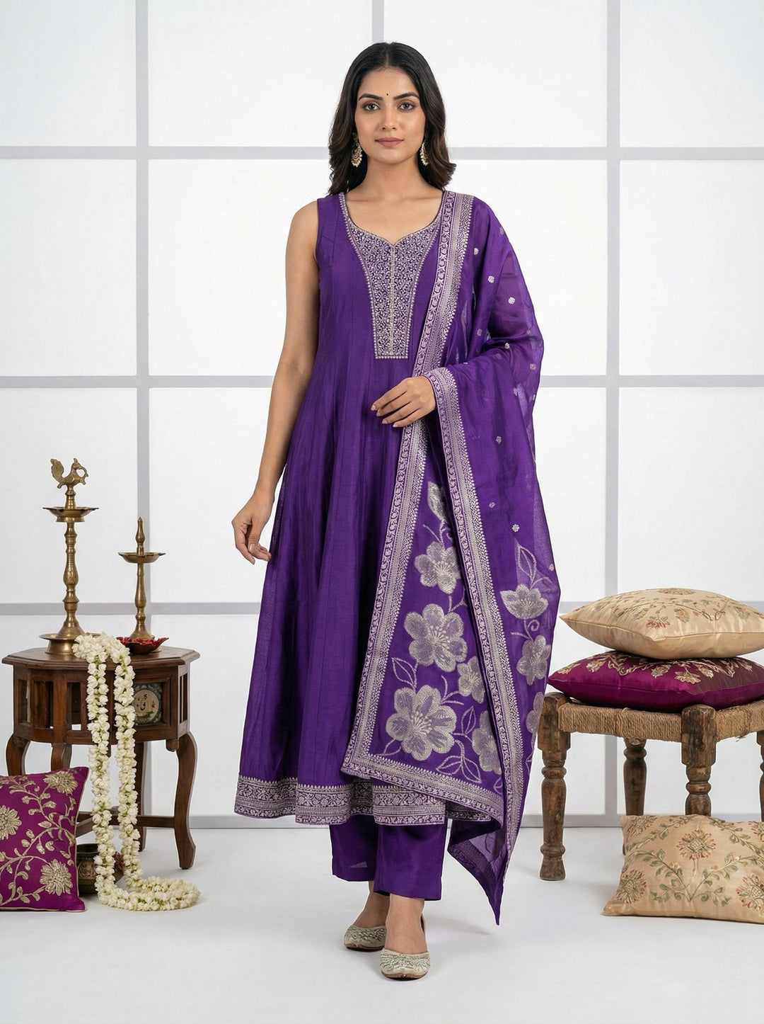 Neerus Purple silk hand embroidered suit set - front view