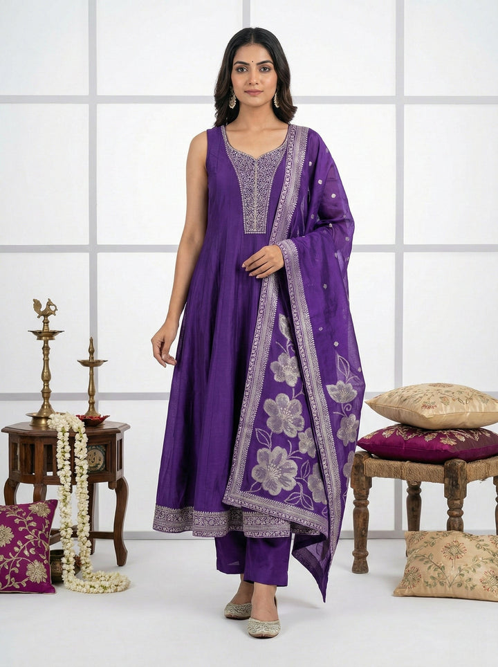 Neerus Purple silk hand embroidered suit set - front view