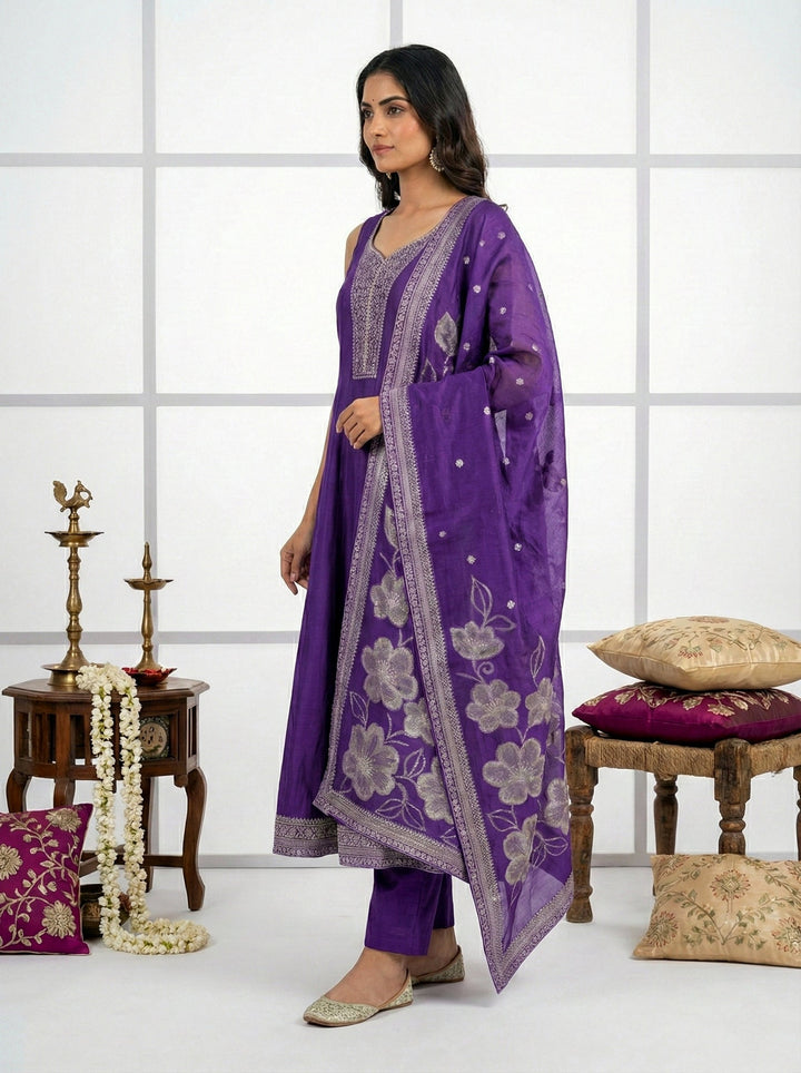 Neerus Purple silk hand embroidered suit set - back view