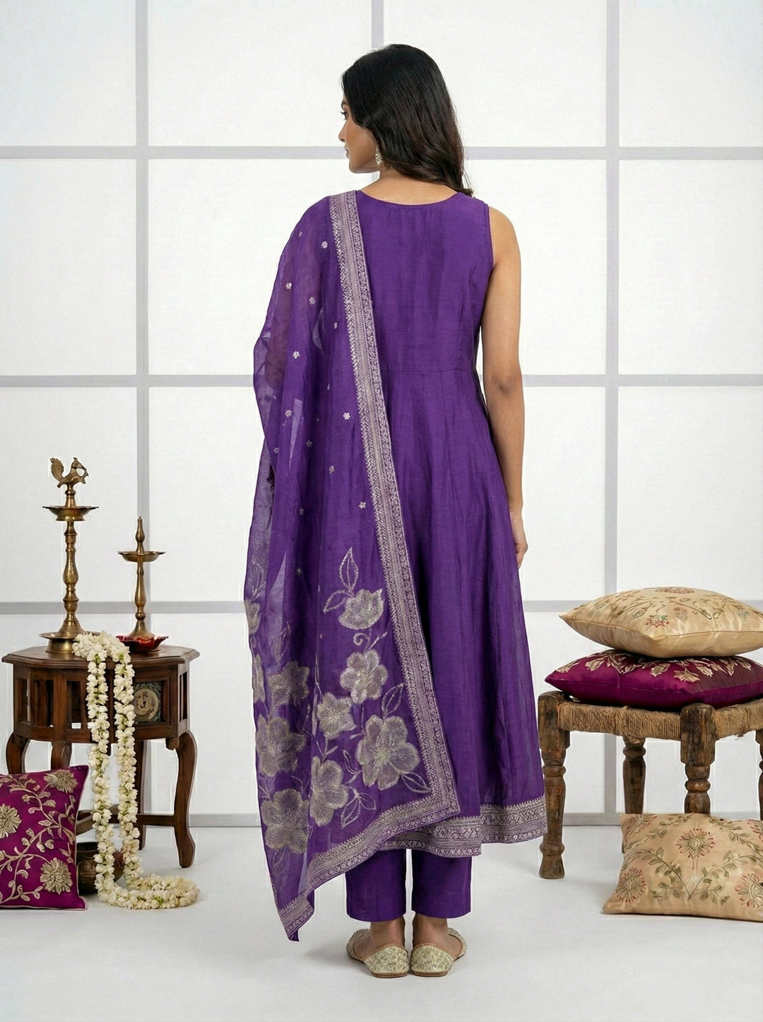 Neerus Purple silk hand embroidered suit set - side view