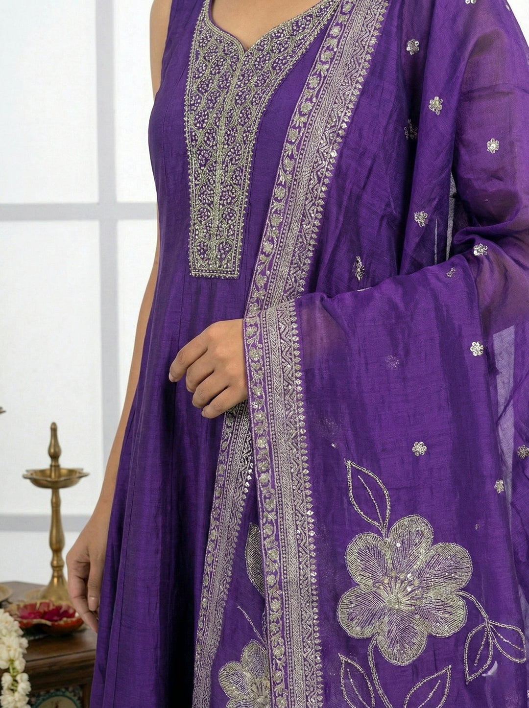 Neerus Purple silk hand embroidered suit set - detail view 2