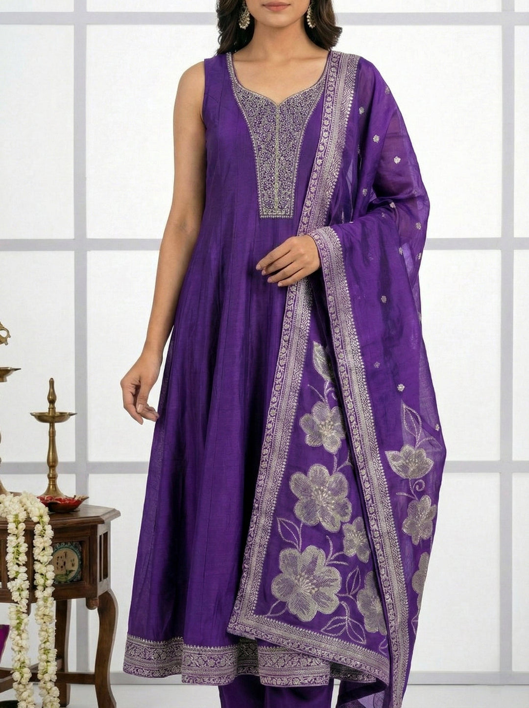 Neerus Purple silk hand embroidered suit set - detail view 3