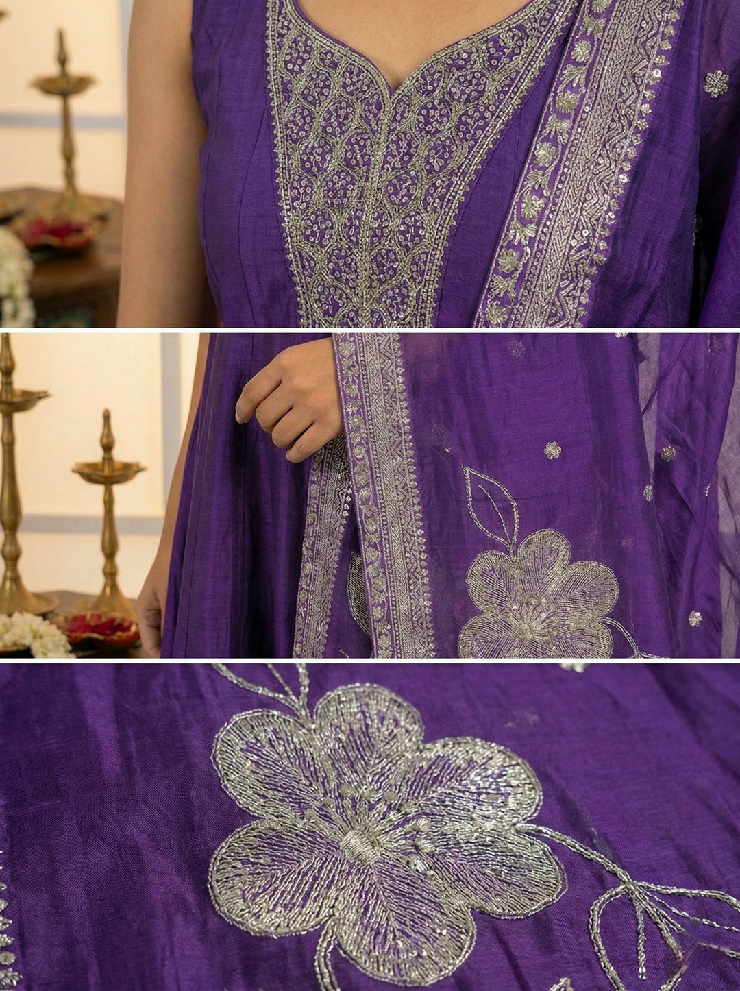 Neerus Purple silk hand embroidered suit set - detail view 4