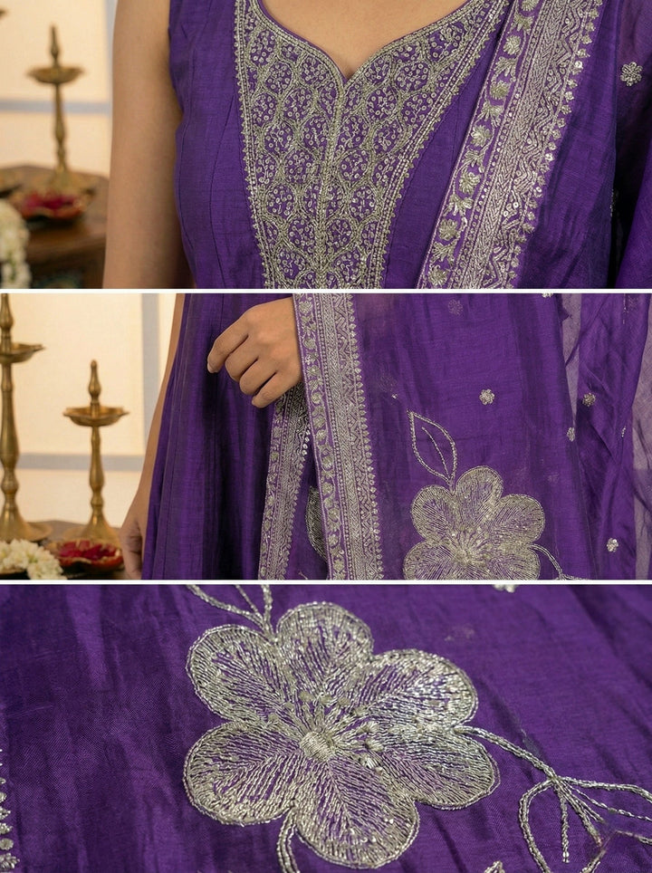 Neerus Purple silk hand embroidered suit set - detail view 4