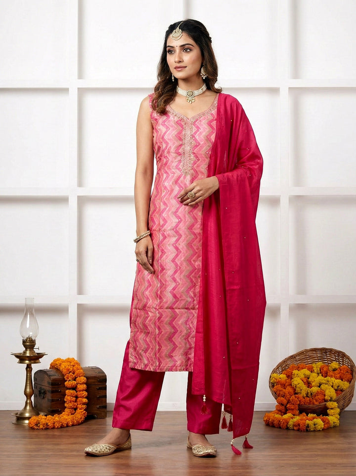 Neerus Pink silk hand embroidered suit set - front view