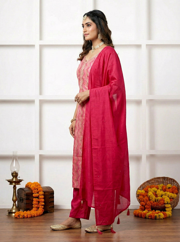 Neerus Pink silk hand embroidered suit set - back view