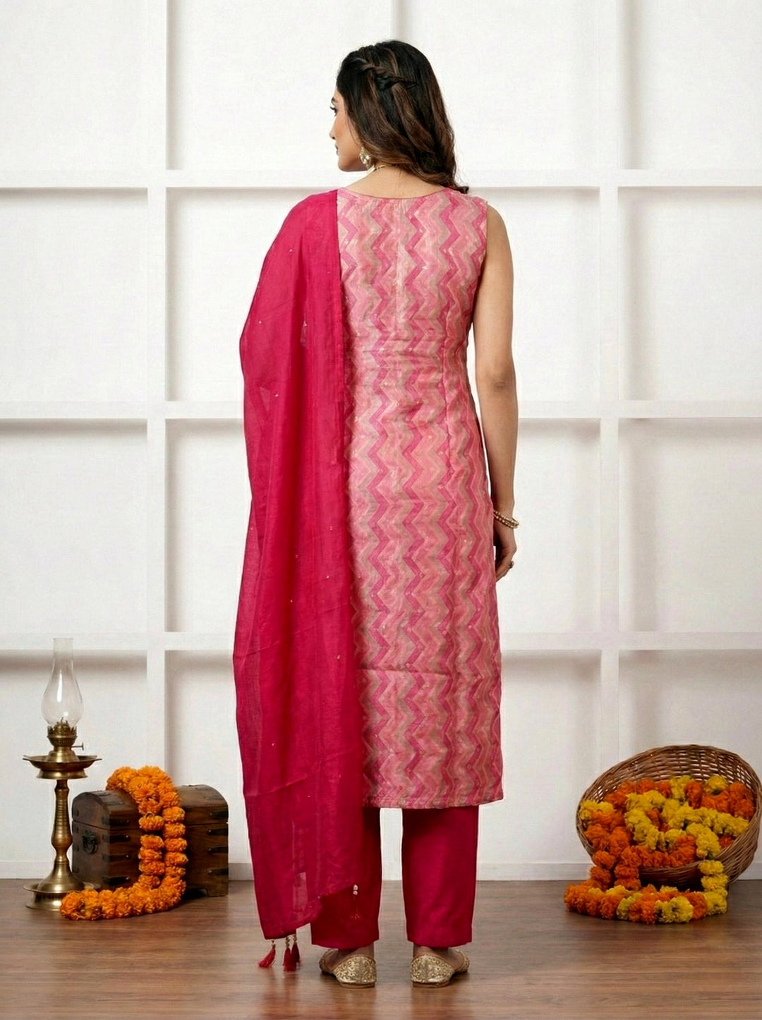 Neerus Pink silk hand embroidered suit set - side view