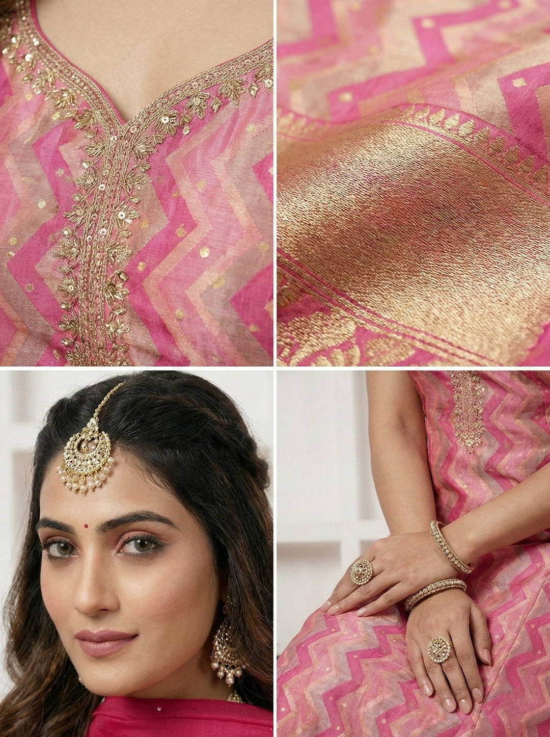 Neerus Pink silk hand embroidered suit set - detail view 2