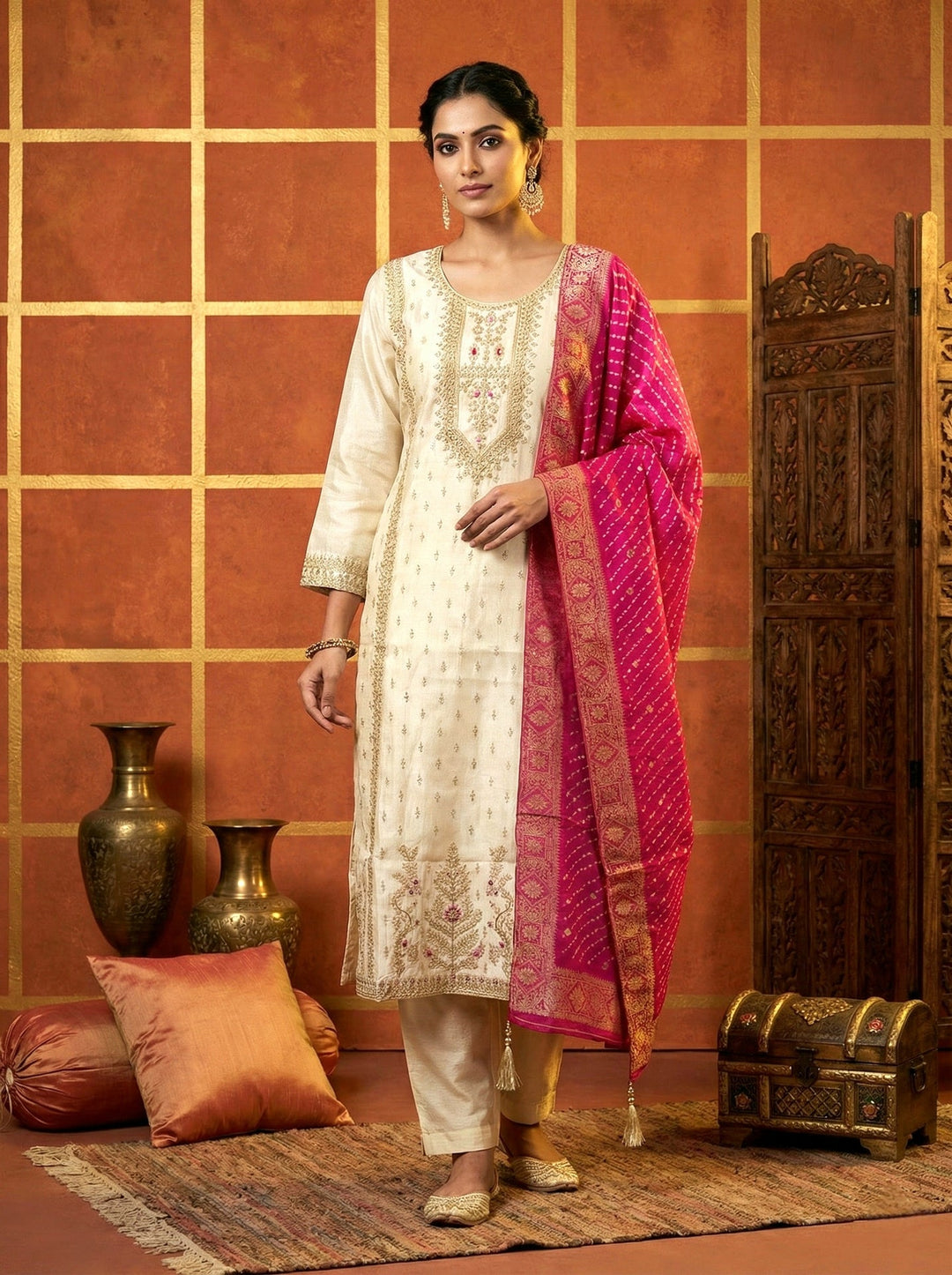 Neerus Beige tissue embroidered suit set - front view