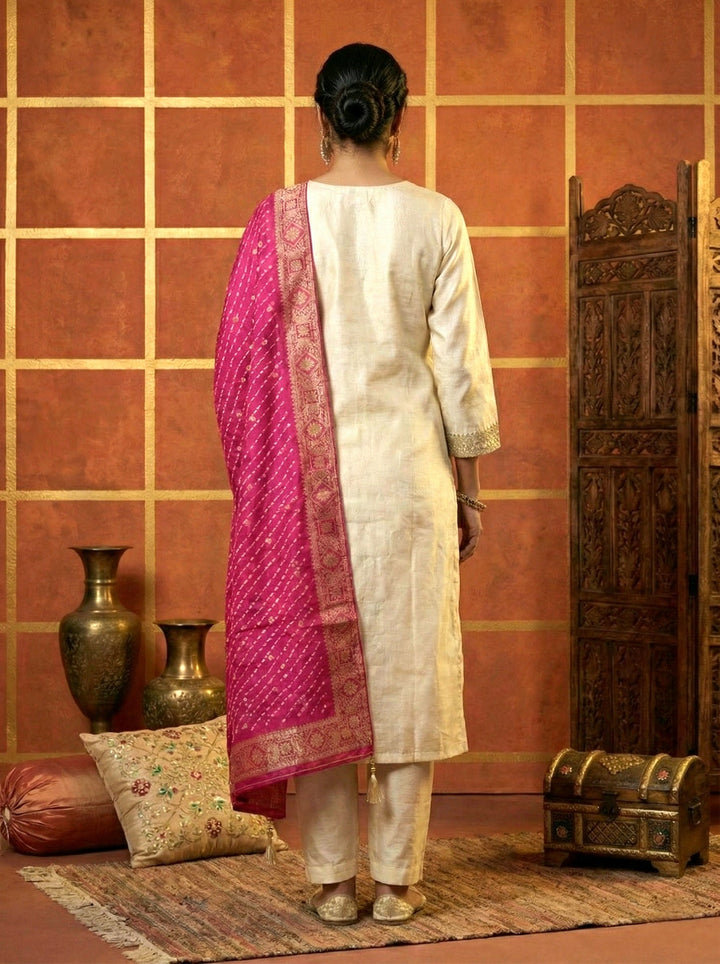 Neerus Beige tissue embroidered suit set - side view