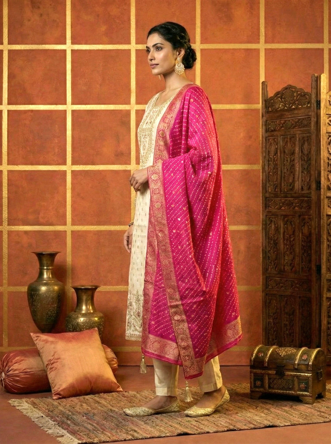 Neerus Beige tissue embroidered suit set - back view