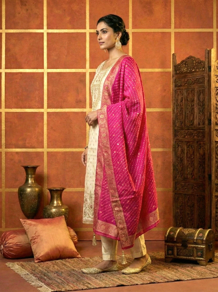 Neerus Beige tissue embroidered suit set - back view