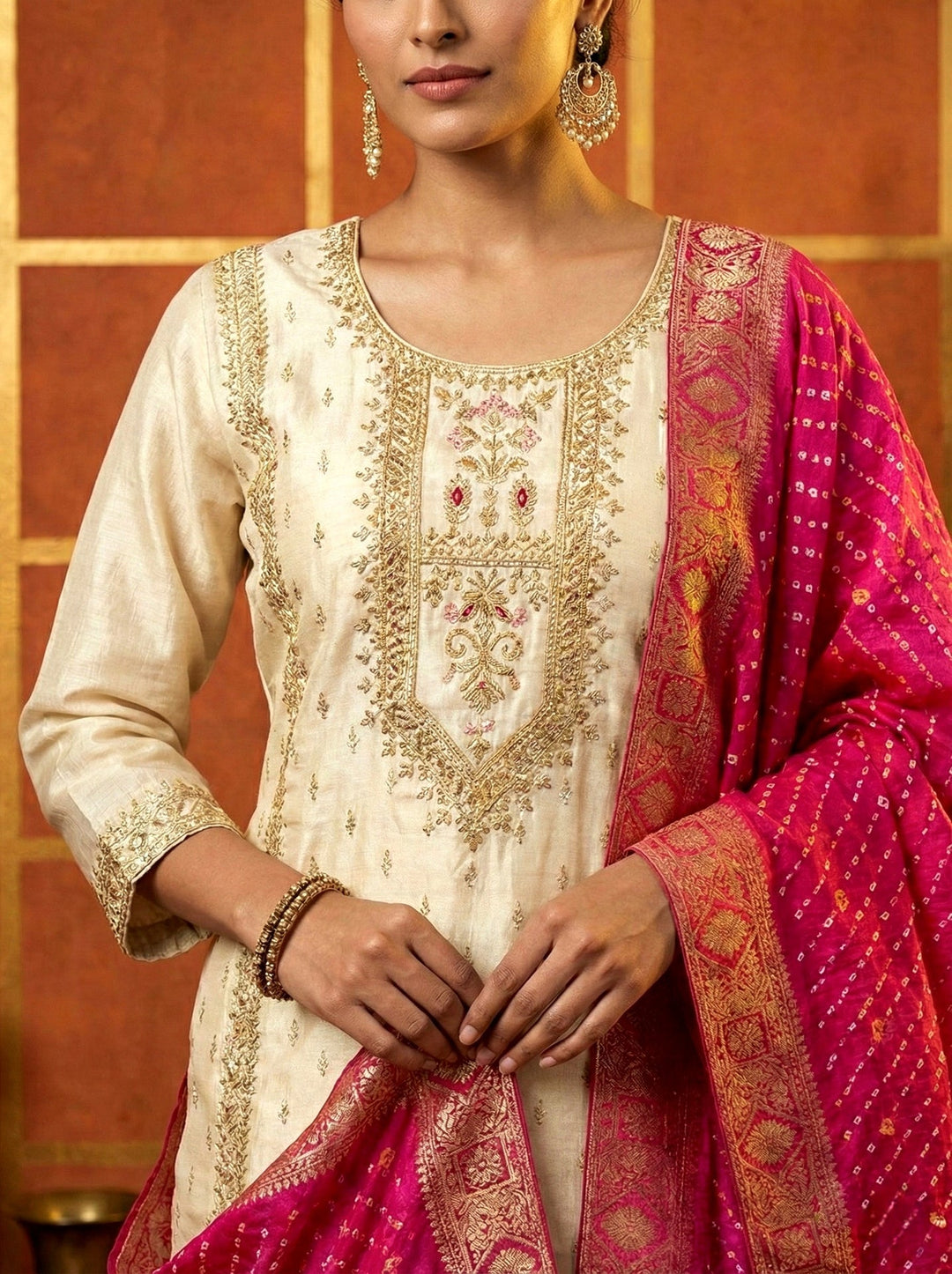 Neerus Beige tissue embroidered suit set - detail view 1