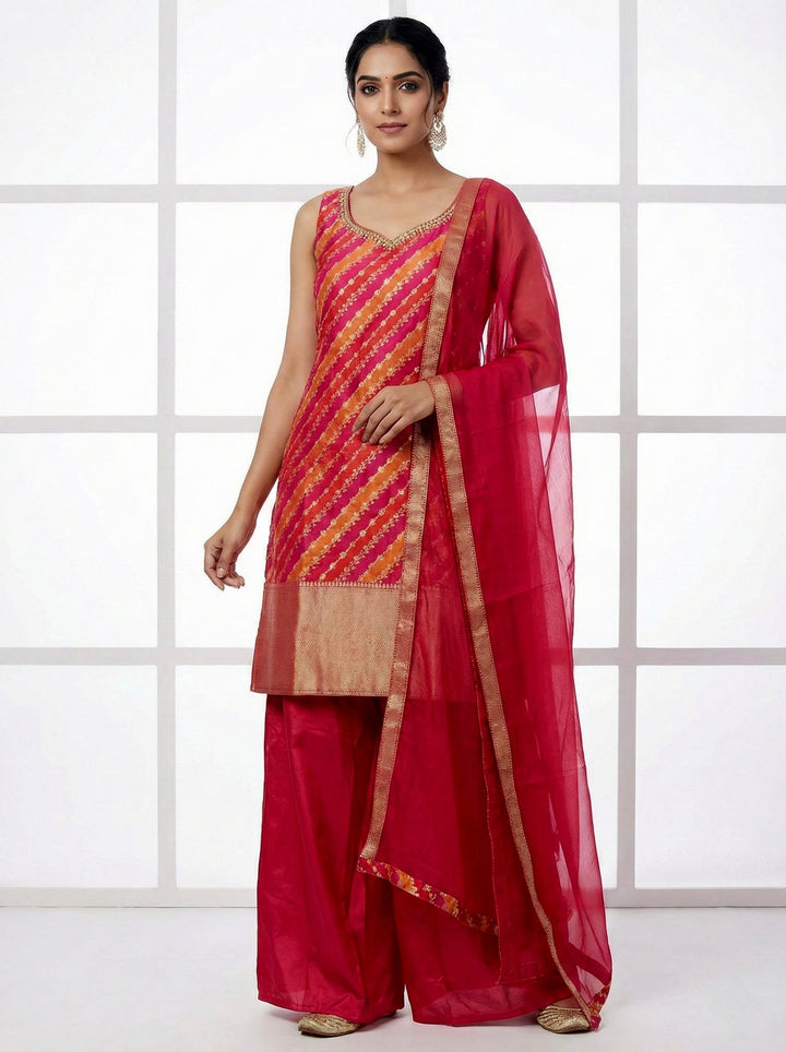 Neerus Red silk hand embroidered suit set - front view