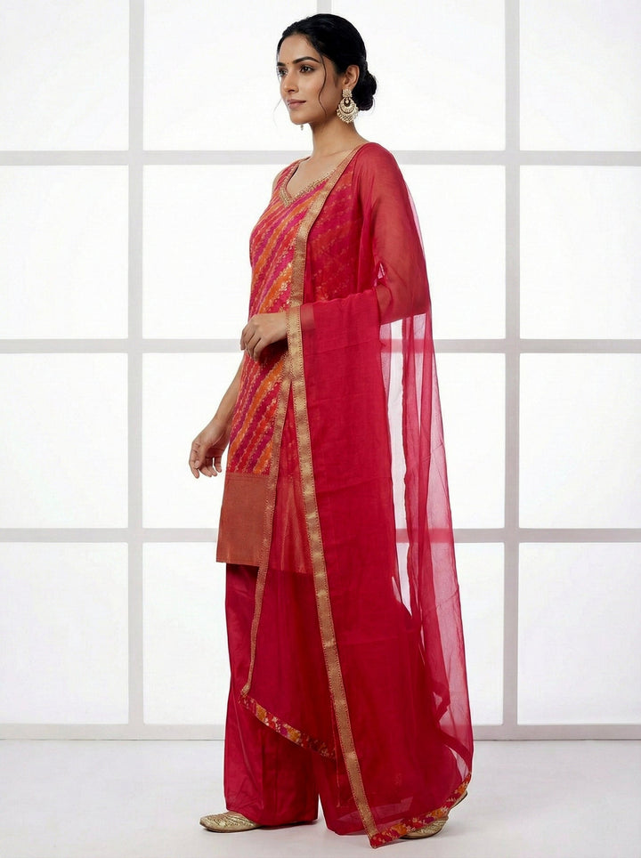 Neerus Red silk hand embroidered suit set - back view