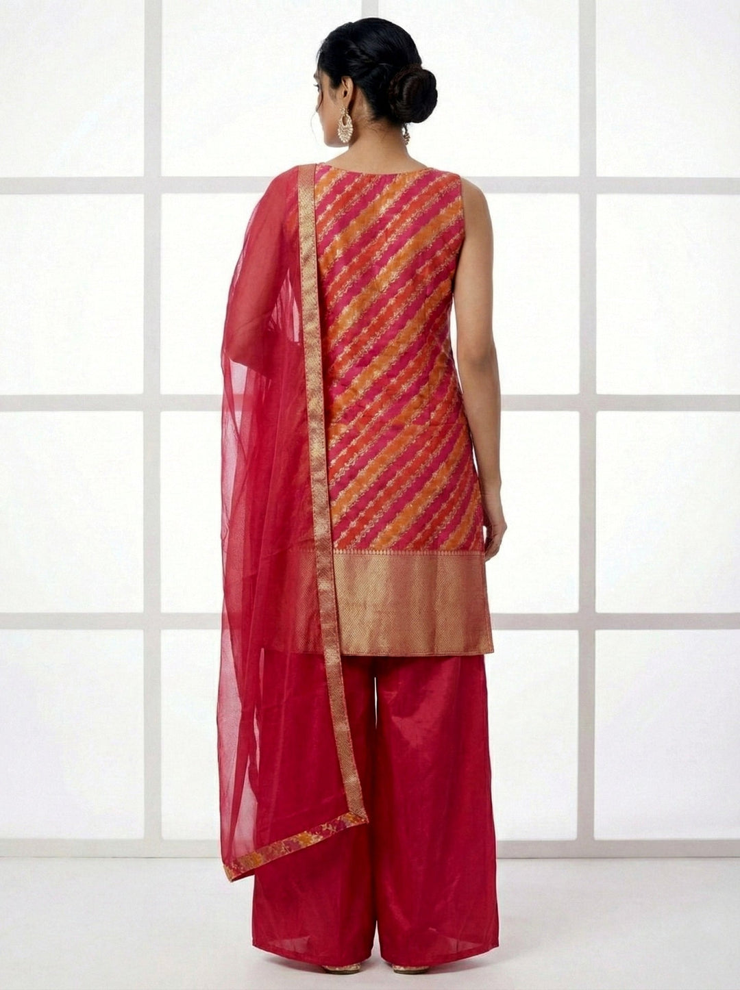 Neerus Red silk hand embroidered suit set - side view