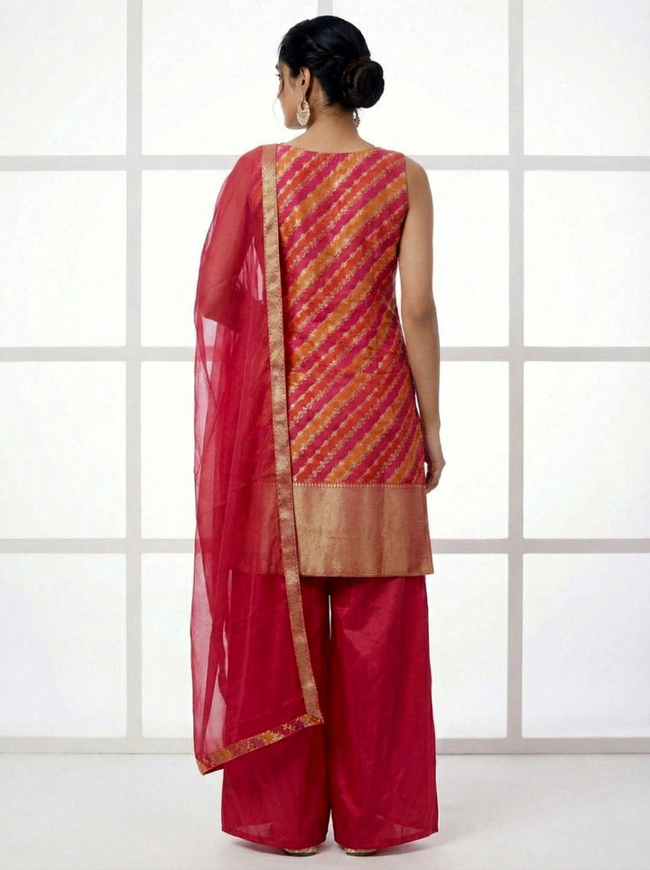 Neerus Red silk hand embroidered suit set - side view