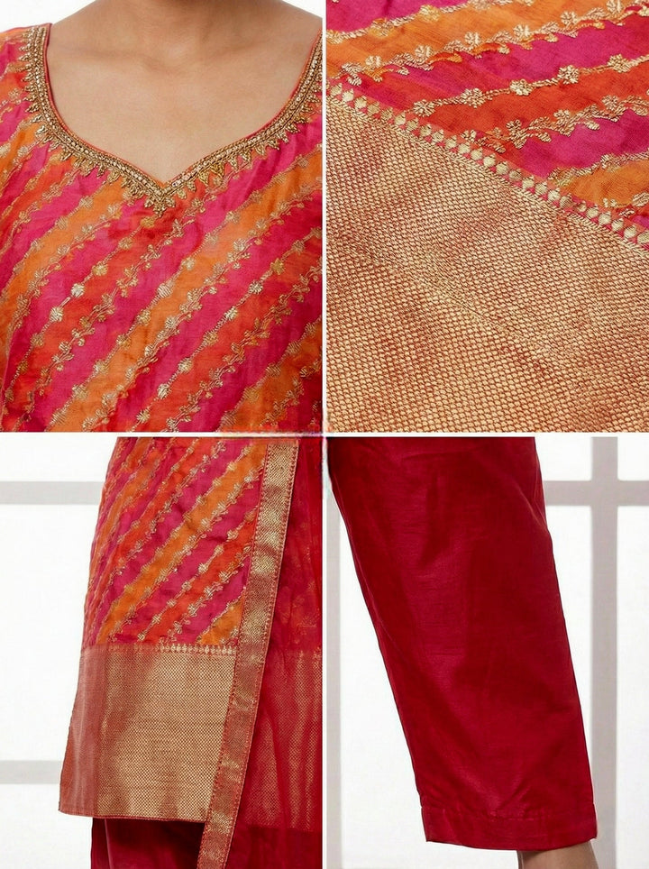 Neerus Red silk hand embroidered suit set - detail view 2