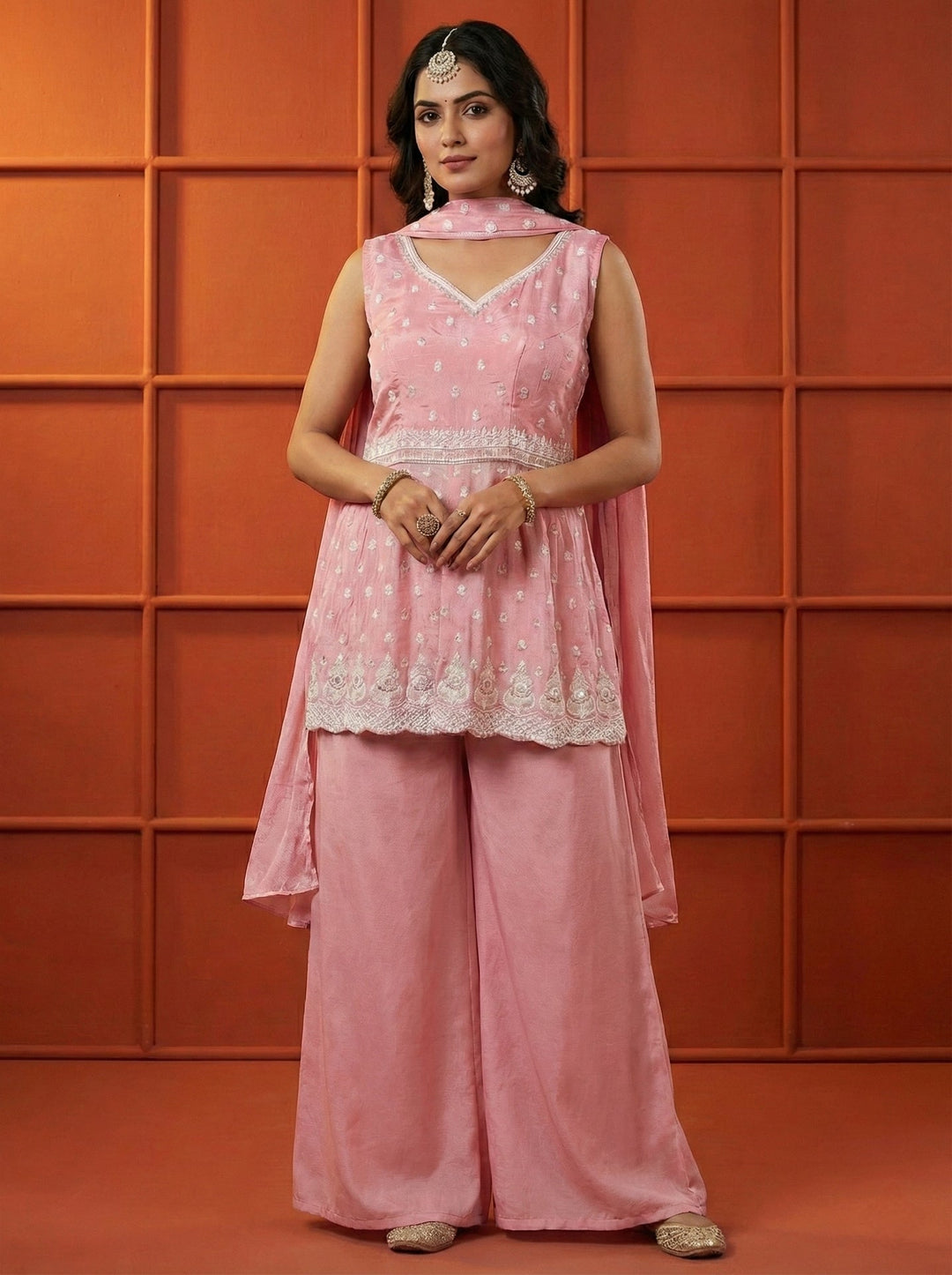 Neerus Pink chinon thread embroidered suit set - front view