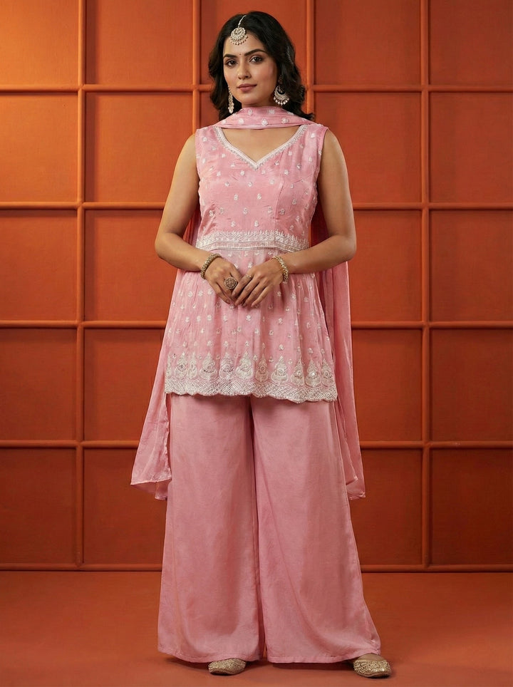 Neerus Pink chinon thread embroidered suit set - front view
