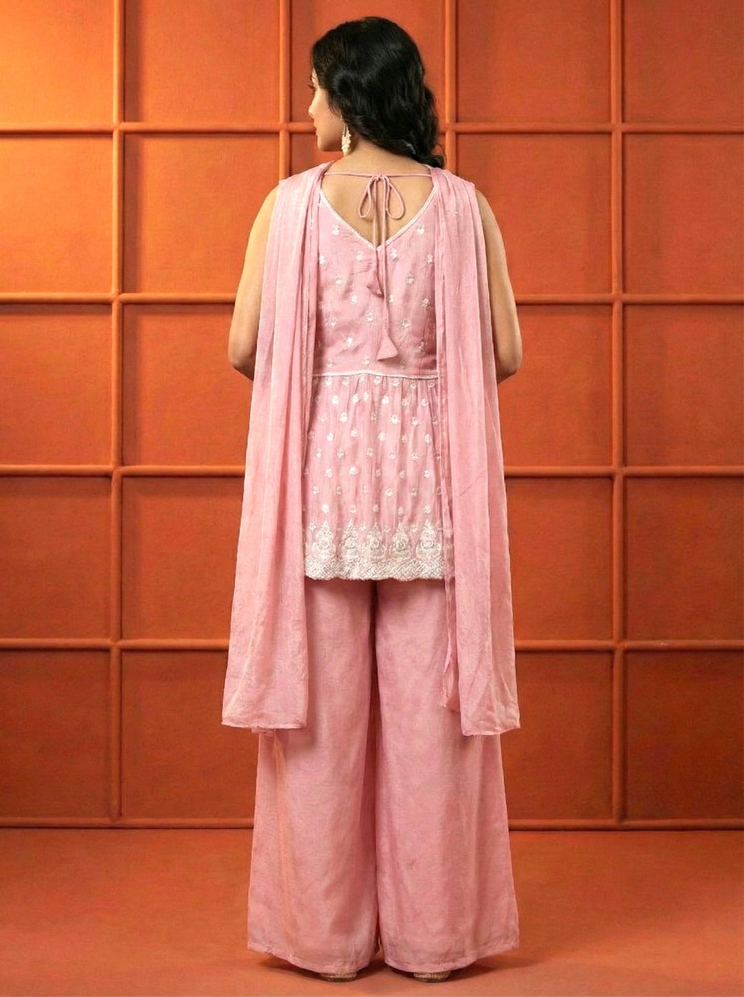 Neerus Pink chinon thread embroidered suit set - side view