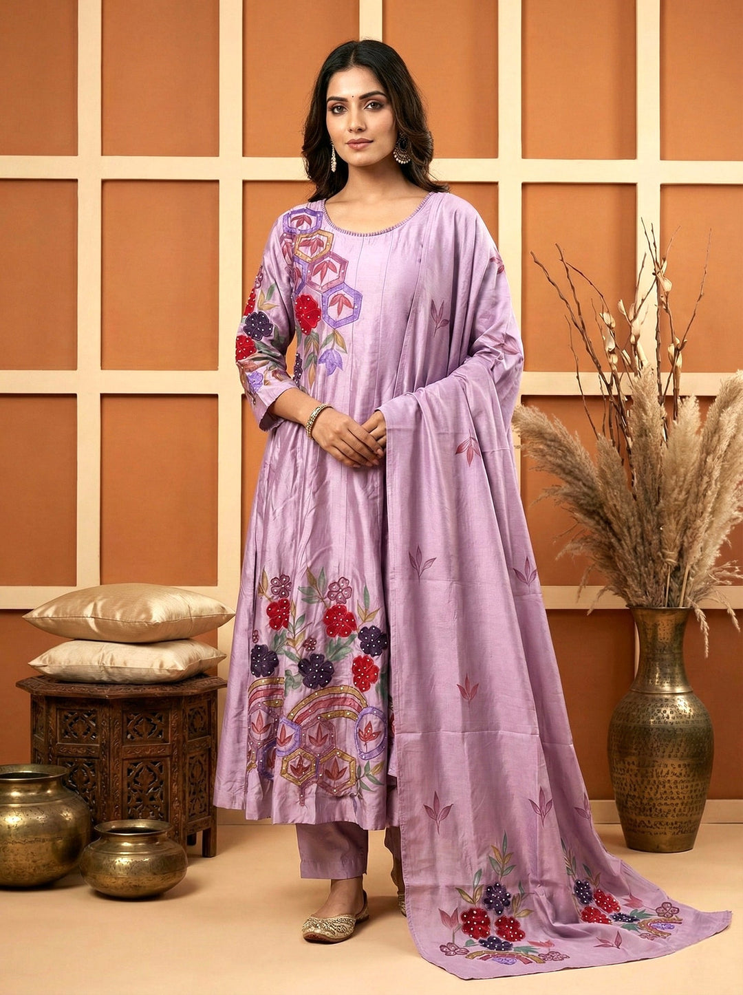 Neerus Purple silk hand embroidered suit set - front view