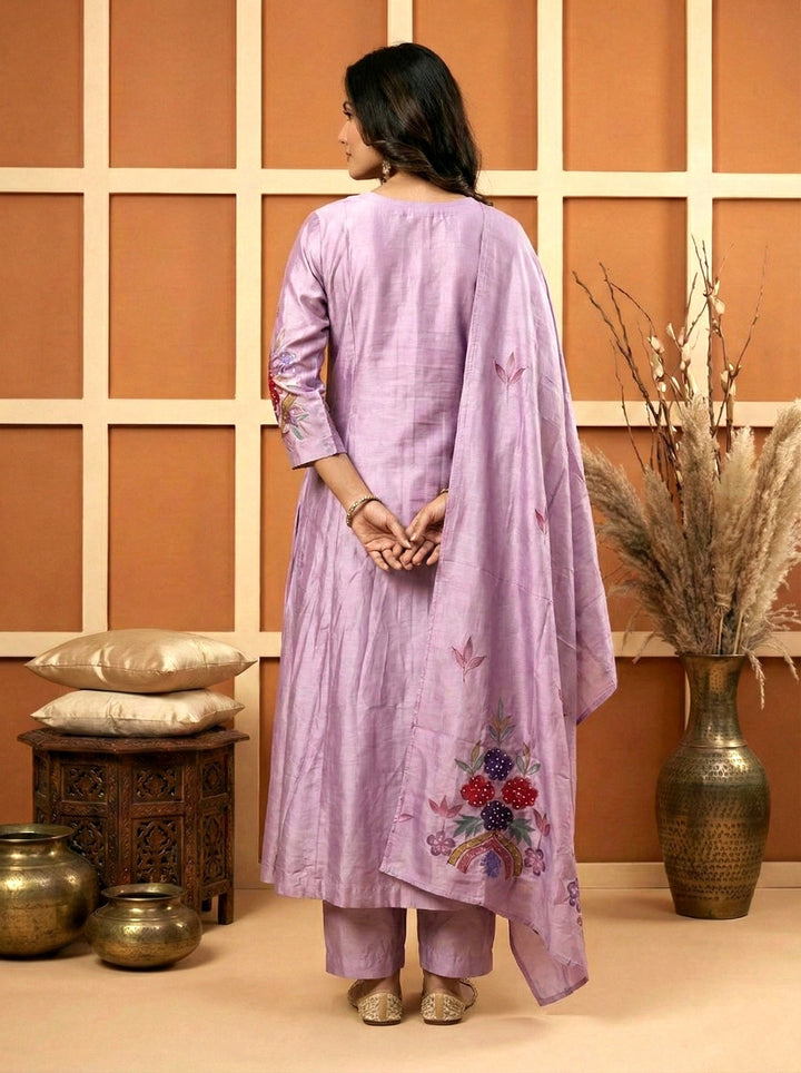 Neerus Purple silk hand embroidered suit set - side view